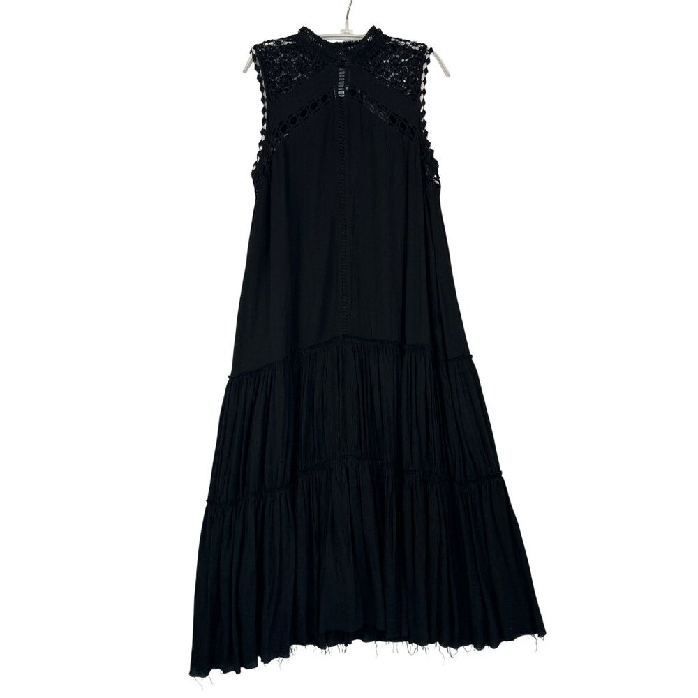Fate Black Sleeveless Tiered Maxi Dress Lace Crochet Raw Hem Boho - Picture 6 of 13